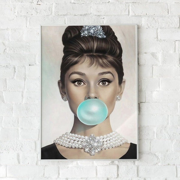 Audrey Hepburn Poster Wall Art Blue Bubble Gum - FanaticPrintz