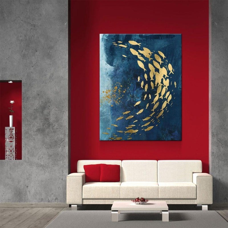 Gold Fishes Blue Abstract Canvas Art