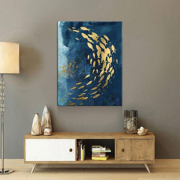 Gold Fishes Blue Abstract Canvas Art