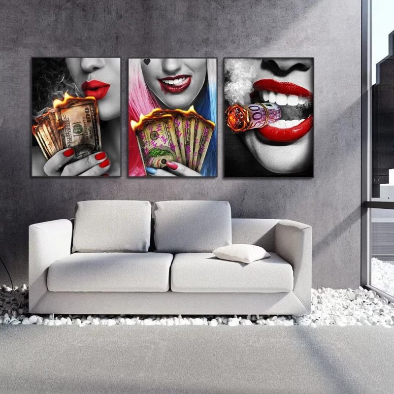 Woman Smoking Cigar and Counting Money Canvas - Smoky Wall Decor for a Touch of Euro Burning - FanaticPrintz